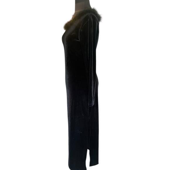 Vtg Y2K Black Velvet Feather Boa Trim Whimsigoth Vamp Glam Maxi Dress Size L - Picture 4 of 7